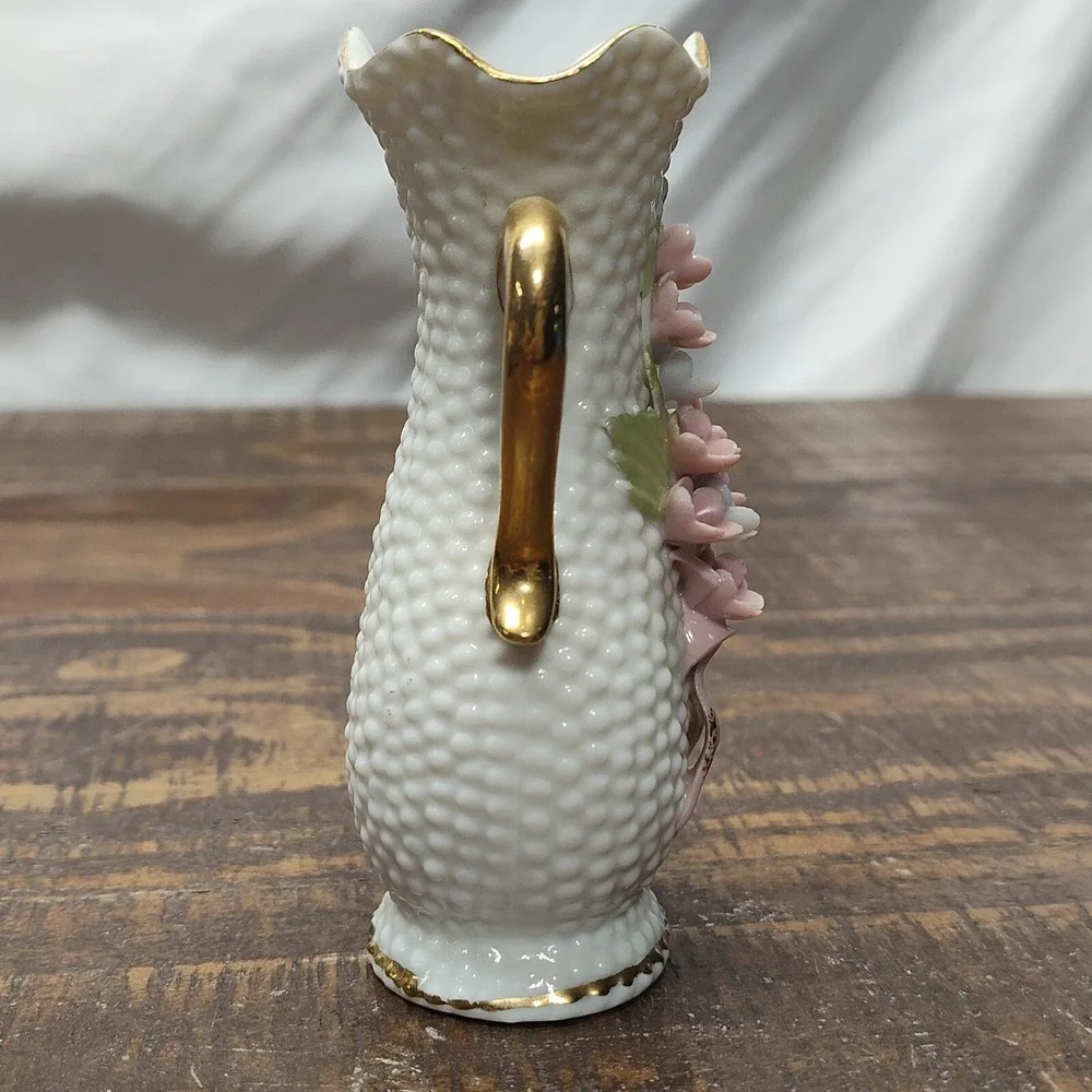 Vintage Miniature Hobnail Vase White Porcelain w/ Handles Pastel Pink blue gold